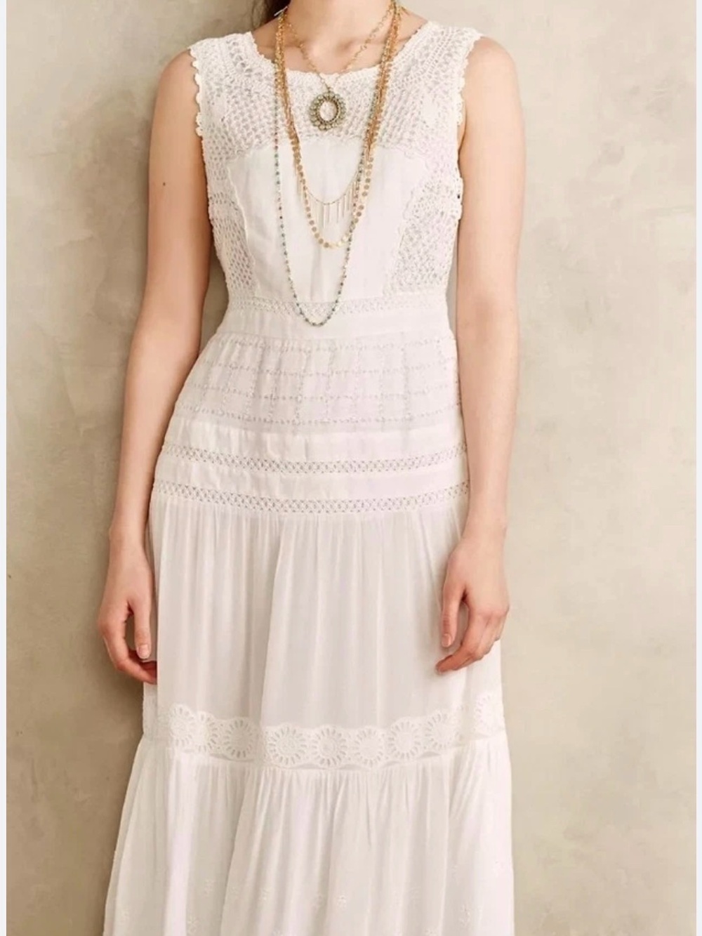 Sleeveless Cream Tiered Maxi Dress with Embroidered Bodice